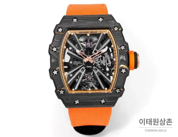 리차드밀 RM12-01 골드카본 스켈레톤 토노형 수동 47mm 스켈레톤 다이얼 오렌지 나일론 스트랩