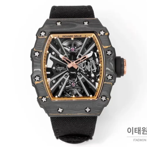리차드밀 RM12-01 골드카본 스켈레톤 토노형 수동 47mm 스켈레톤 다이얼 블랙 나일론 스트랩