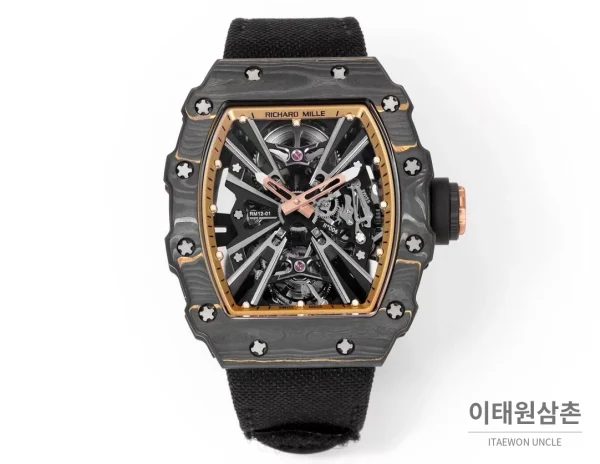 리차드밀 RM12-01 골드카본 스켈레톤 토노형 수동 47mm 스켈레톤 다이얼 블랙 나일론 스트랩 리차드밀 RM12-01 골드카본 스켈레톤 토노형 수동 47mm 스켈레톤 다이얼 블랙 나일론 스트랩