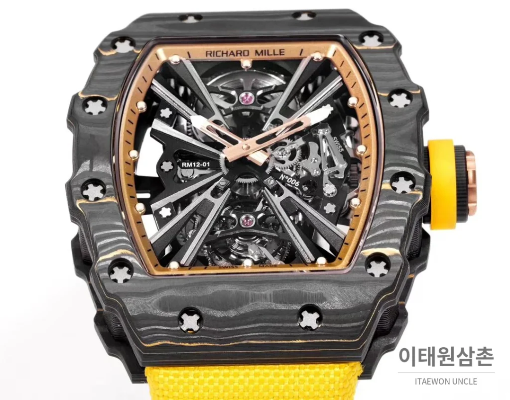 리차드밀 RM12-01 골드카본 스켈레톤 토노형 수동 47mm 스켈레톤 다이얼 옐로우 나일론 스트랩
