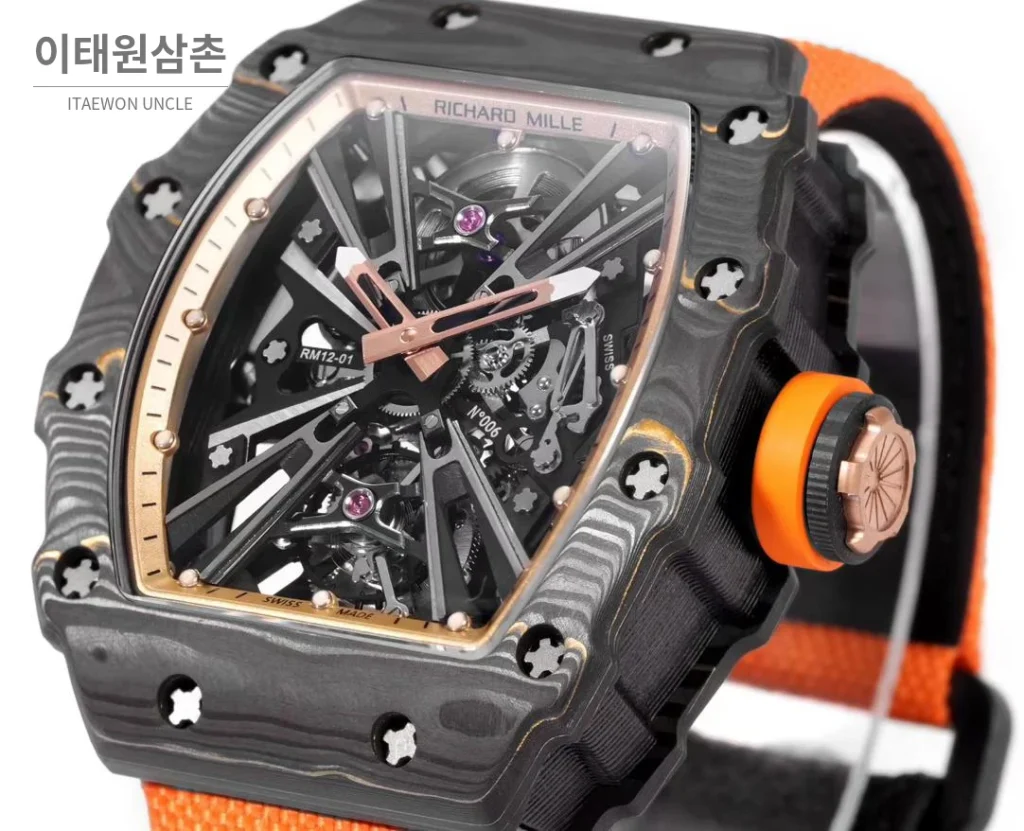 리차드밀 RM12-01 골드카본 스켈레톤 토노형 수동 47mm 스켈레톤 다이얼 오렌지 나일론 스트랩