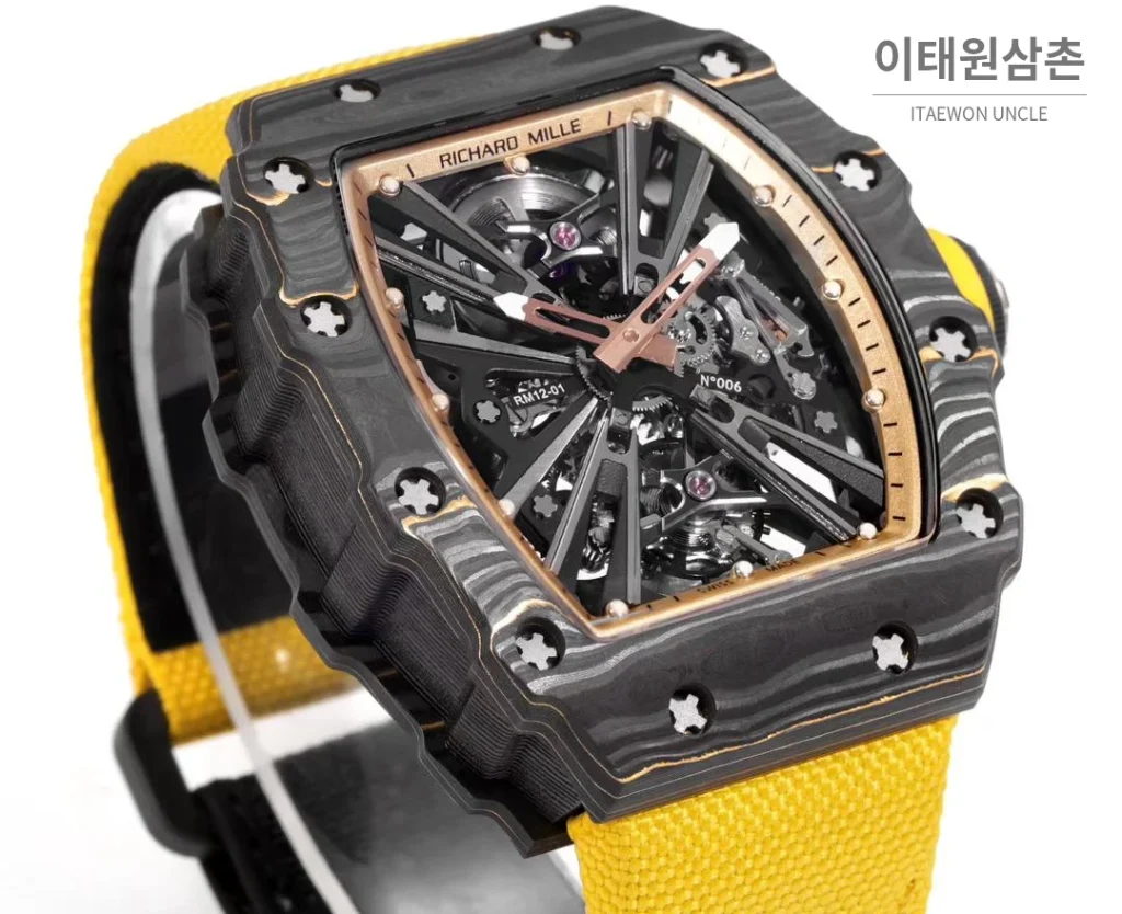 리차드밀 RM12-01 골드카본 스켈레톤 토노형 수동 47mm 스켈레톤 다이얼 옐로우 나일론 스트랩