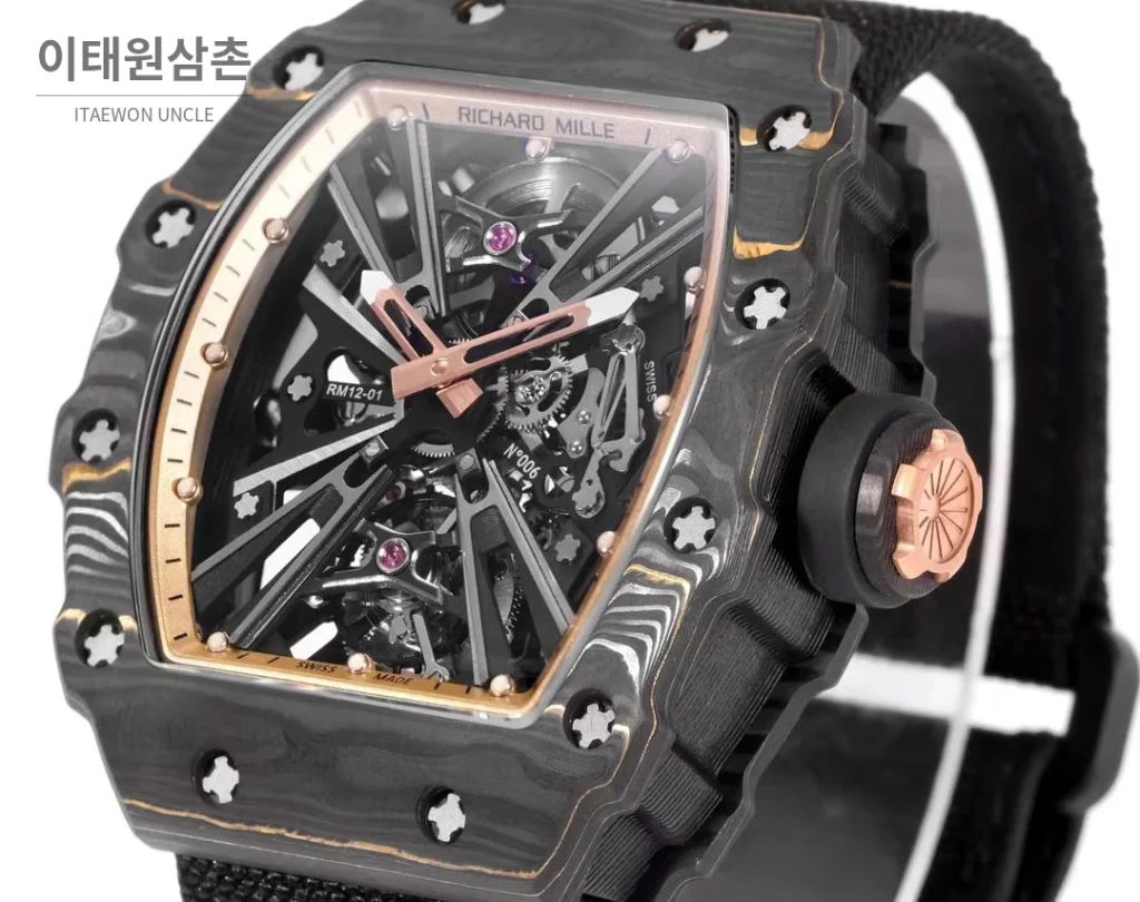 리차드밀 RM12-01 골드카본 스켈레톤 토노형 수동 47mm 스켈레톤 다이얼 블랙 나일론 스트랩