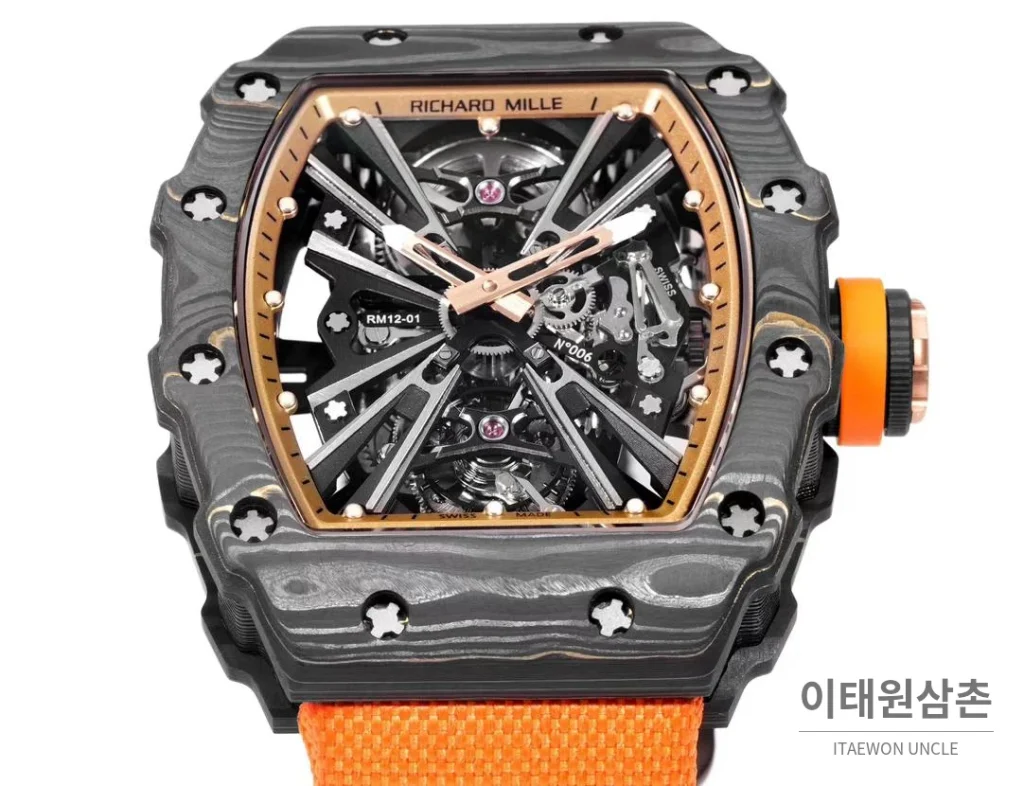 리차드밀 RM12-01 골드카본 스켈레톤 토노형 수동 47mm 스켈레톤 다이얼 오렌지 나일론 스트랩