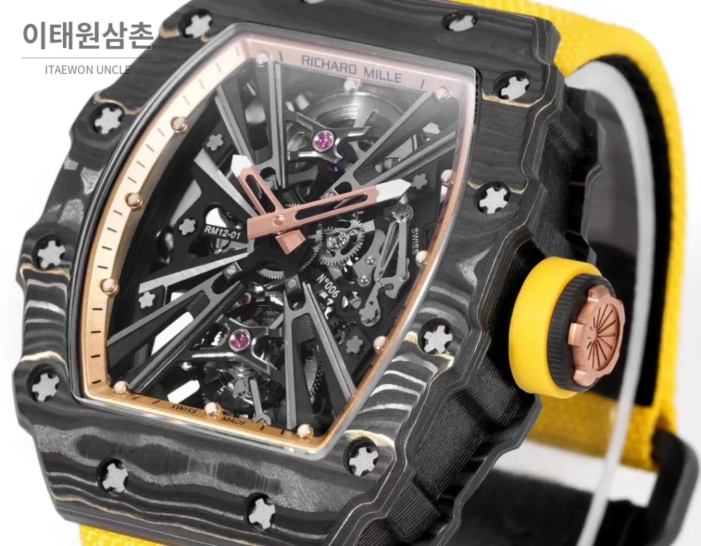 리차드밀 RM12-01 골드카본 스켈레톤 토노형 수동 47mm 스켈레톤 다이얼 옐로우 나일론 스트랩