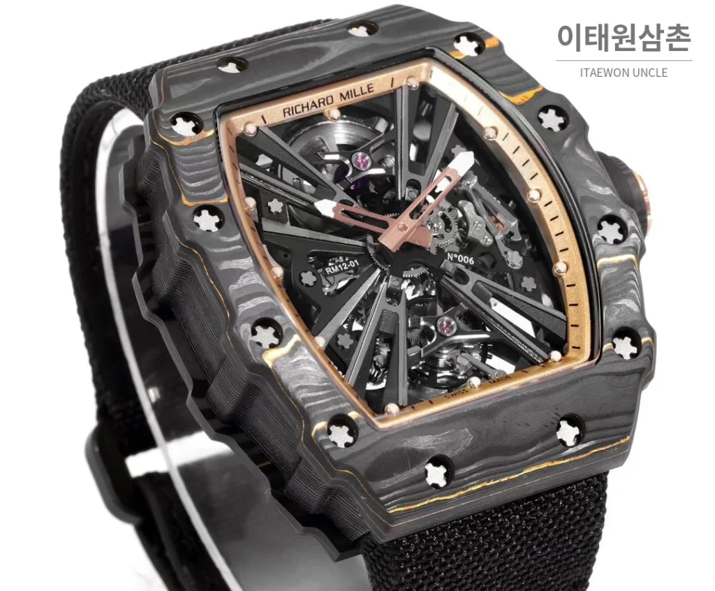 리차드밀 RM12-01 골드카본 스켈레톤 토노형 수동 47mm 스켈레톤 다이얼 블랙 나일론 스트랩