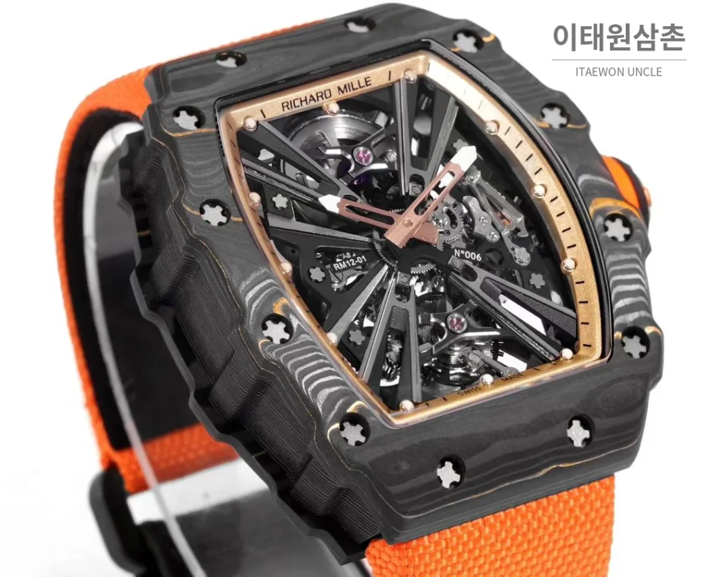 리차드밀 RM12-01 골드카본 스켈레톤 토노형 수동 47mm 스켈레톤 다이얼 오렌지 나일론 스트랩