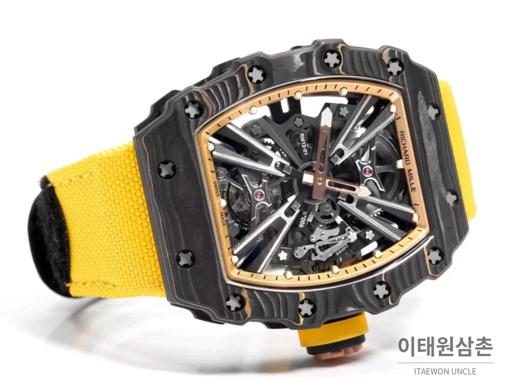 리차드밀 RM12-01 골드카본 스켈레톤 토노형 수동 47mm 스켈레톤 다이얼 옐로우 나일론 스트랩