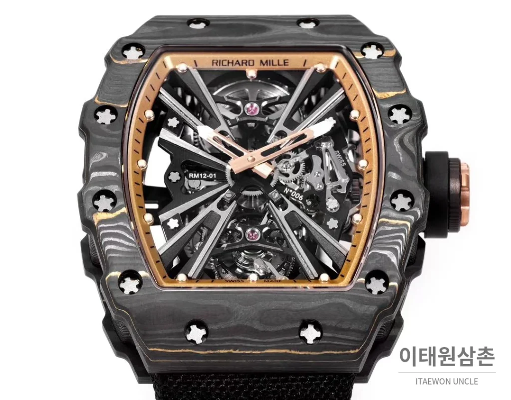 리차드밀 RM12-01 골드카본 스켈레톤 토노형 수동 47mm 스켈레톤 다이얼 블랙 나일론 스트랩
