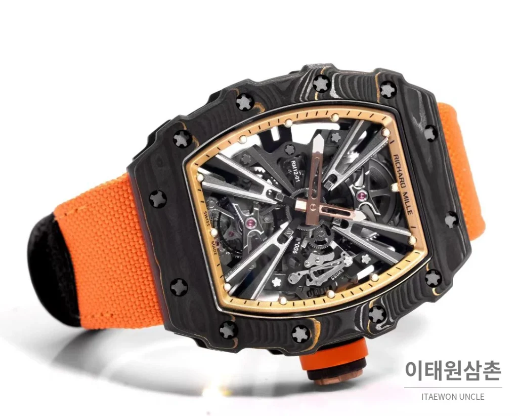 리차드밀 RM12-01 골드카본 스켈레톤 토노형 수동 47mm 스켈레톤 다이얼 오렌지 나일론 스트랩
