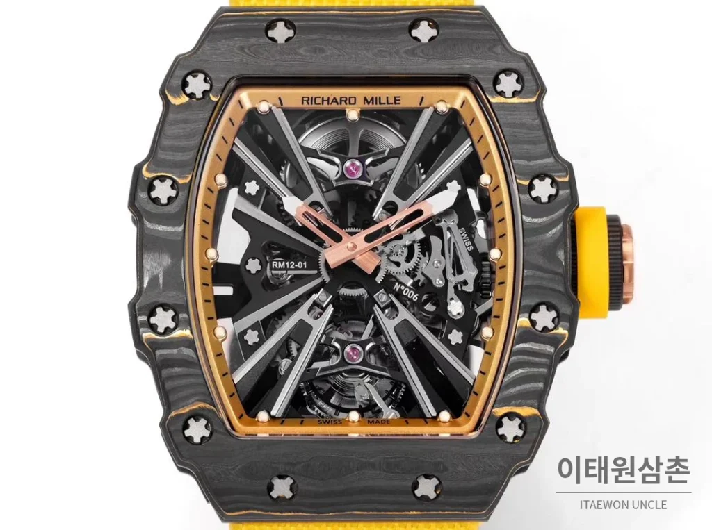 리차드밀 RM12-01 골드카본 스켈레톤 토노형 수동 47mm 스켈레톤 다이얼 옐로우 나일론 스트랩
