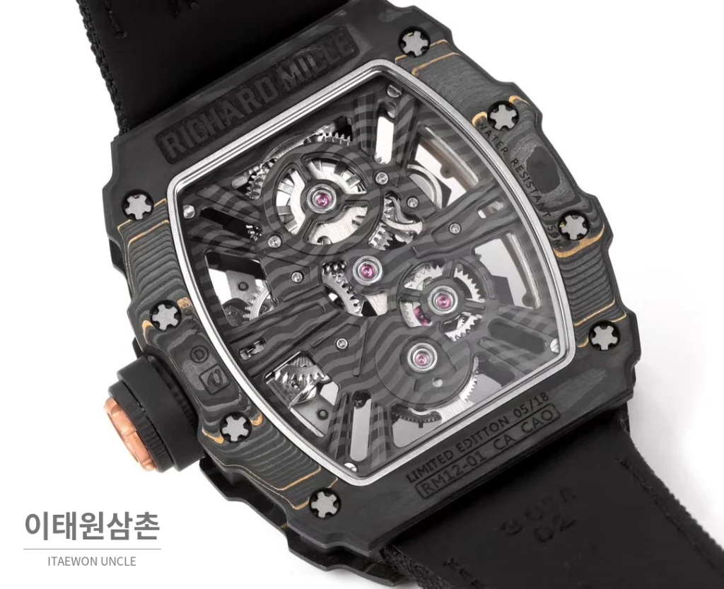 리차드밀 RM12-01 골드카본 스켈레톤 토노형 수동 47mm 스켈레톤 다이얼 블랙 나일론 스트랩