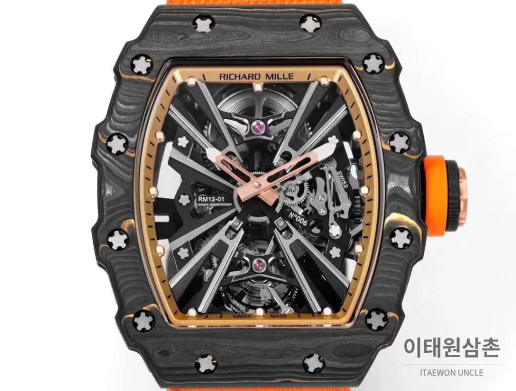 리차드밀 RM12-01 골드카본 스켈레톤 토노형 수동 47mm 스켈레톤 다이얼 오렌지 나일론 스트랩