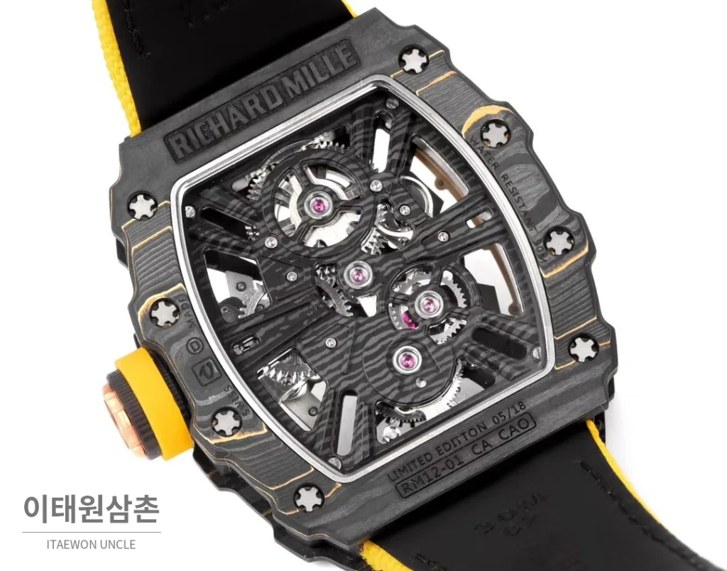 리차드밀 RM12-01 골드카본 스켈레톤 토노형 수동 47mm 스켈레톤 다이얼 옐로우 나일론 스트랩