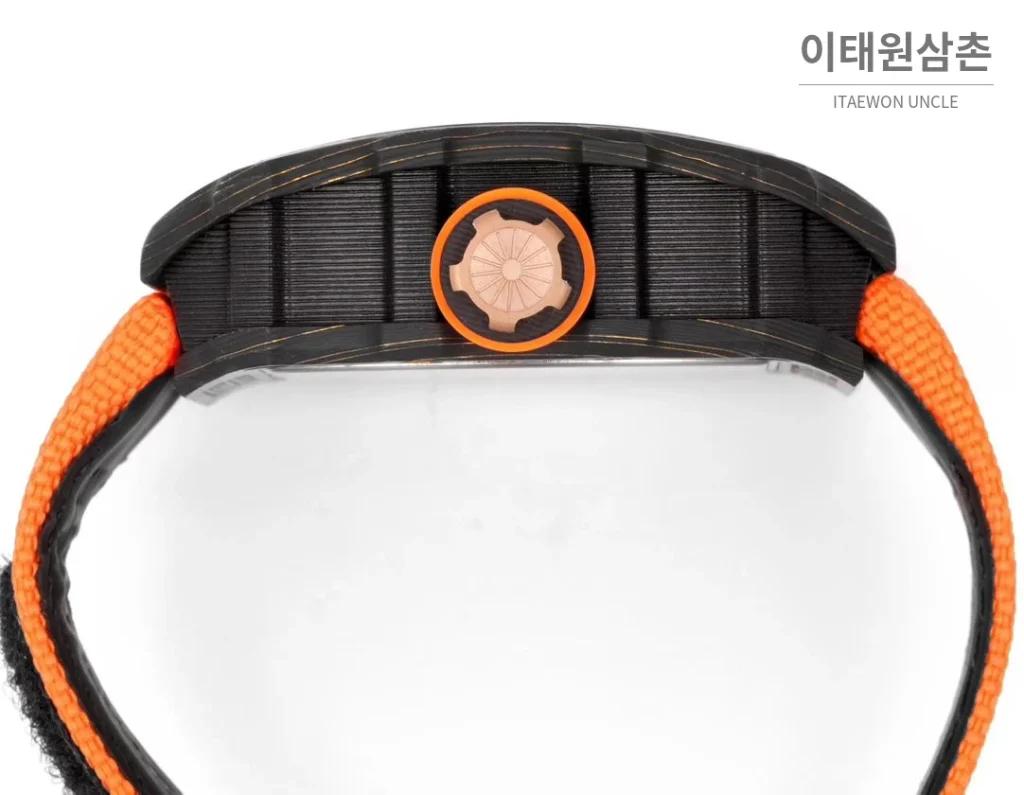 리차드밀 RM12-01 골드카본 스켈레톤 토노형 수동 47mm 스켈레톤 다이얼 오렌지 나일론 스트랩