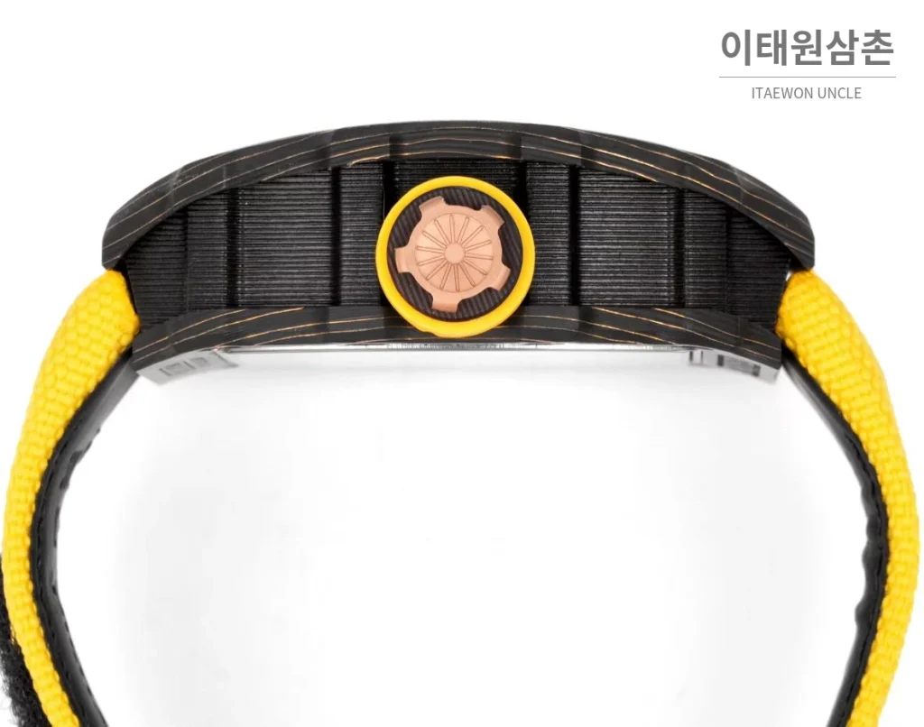 리차드밀 RM12-01 골드카본 스켈레톤 토노형 수동 47mm 스켈레톤 다이얼 옐로우 나일론 스트랩