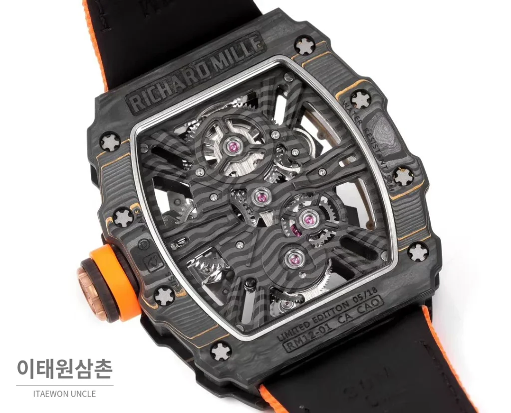 리차드밀 RM12-01 골드카본 스켈레톤 토노형 수동 47mm 스켈레톤 다이얼 오렌지 나일론 스트랩