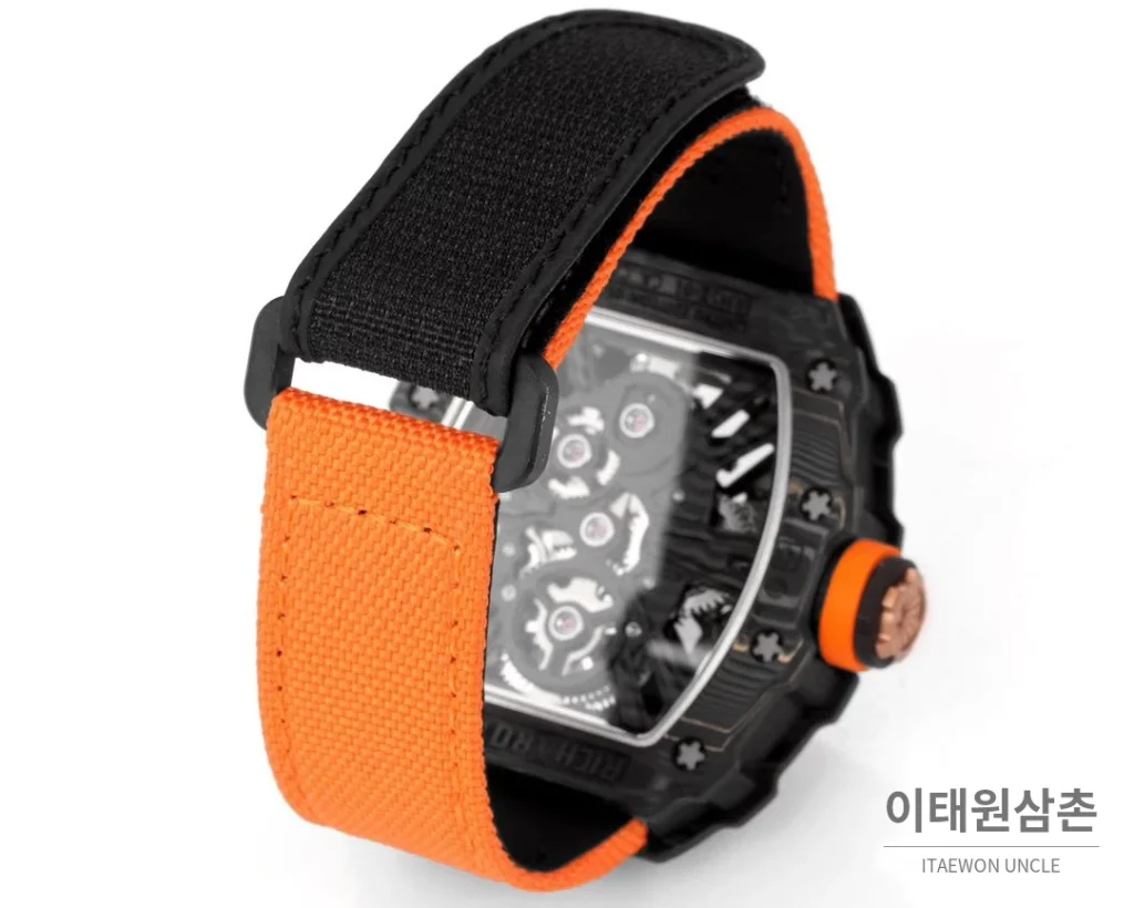 리차드밀 RM12-01 골드카본 스켈레톤 토노형 수동 47mm 스켈레톤 다이얼 오렌지 나일론 스트랩