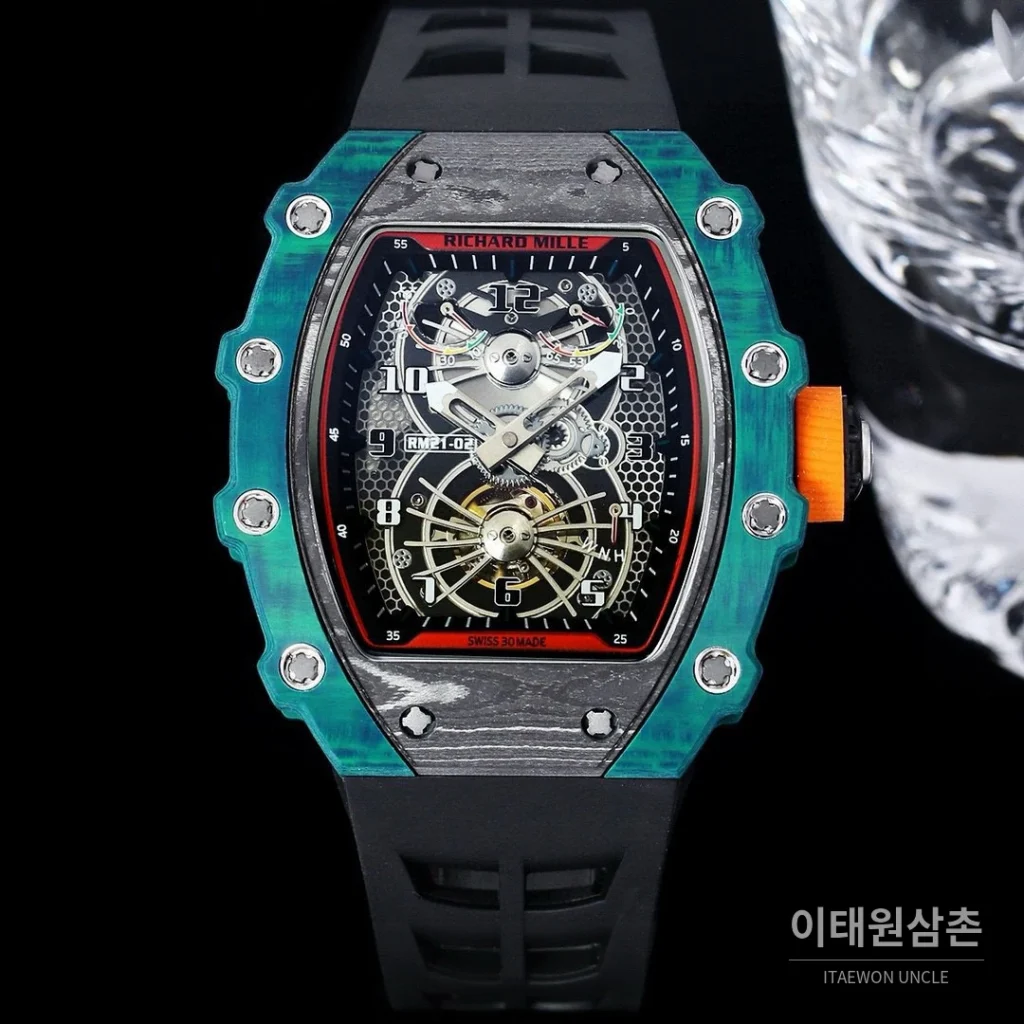 리차드밀 RM21-01 카본파이버 스켈레톤 오토매틱 50mm 블랙 블랙 러버 스트랩 그린 베젤