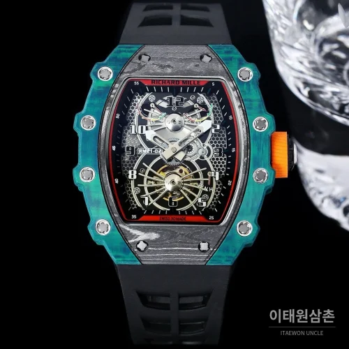 리차드밀 RM21-01 카본파이버 스켈레톤 오토매틱 50mm 블랙 블랙 러버 스트랩 그린 베젤