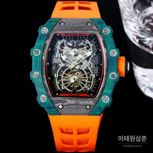 리차드밀 RM21-01 카본파이버 스켈레톤 오토매틱 50mm 블랙 오렌지 러버 스트랩 그린 베젤