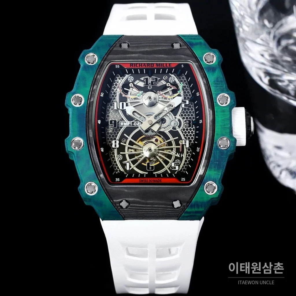 리차드밀 RM21-01 카본파이버 스켈레톤 오토매틱 50mm 블랙 화이트 러버 스트랩 그린 베젤