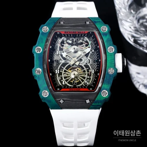 리차드밀 RM21-01 카본파이버 스켈레톤 오토매틱 50mm 블랙 화이트 러버 스트랩 그린 베젤
