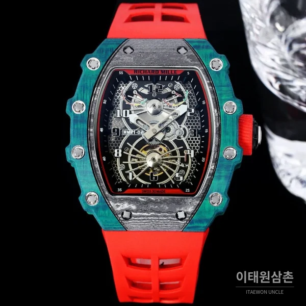리차드밀 RM21-01 카본파이버 스켈레톤 오토매틱 50mm 블랙 레드 러버 스트랩 그린 베젤 리차드밀 RM21-01 카본파이버 스켈레톤 오토매틱 50mm 블랙 레드 러버 스트랩 그린 베젤