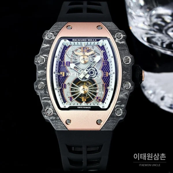 리차드밀 RM21-01 카본파이버 스켈레톤 오토매틱 50mm 블랙 블랙 러버 스트랩 로즈골드 베젤 리차드밀 RM21-01 카본파이버 스켈레톤 오토매틱 50mm 블랙 블랙 러버 스트랩 로즈골드 베젤