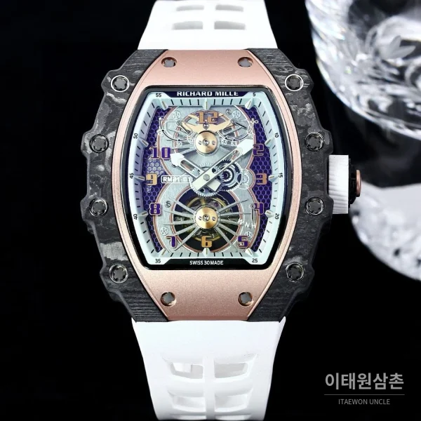 리차드밀 RM21-01 카본파이버 스켈레톤 오토매틱 50mm 블랙 화이트 러버 스트랩 로즈골드 베젤