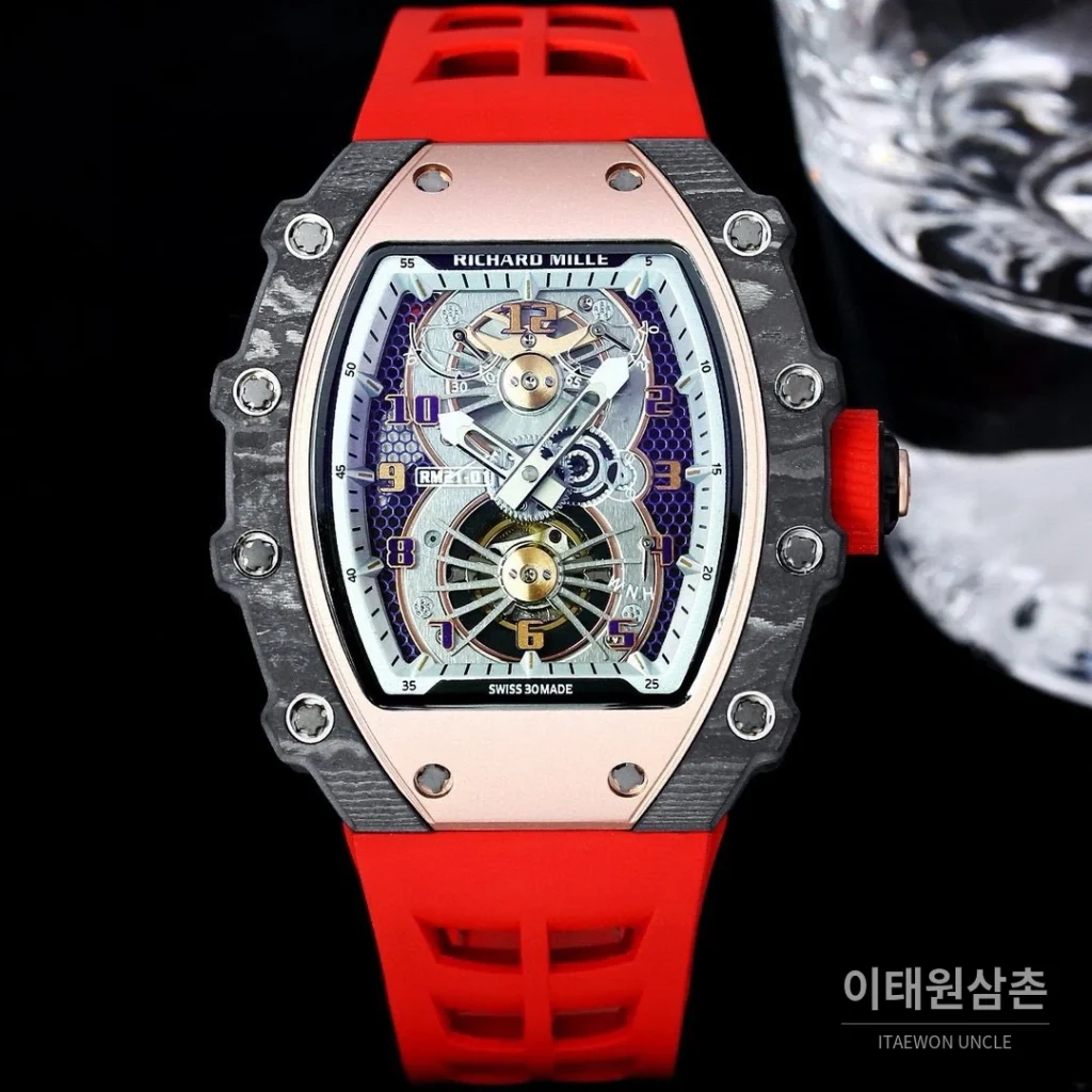 리차드밀 RM21-01 카본파이버 스켈레톤 오토매틱 50mm 블랙 레드 러버 스트랩