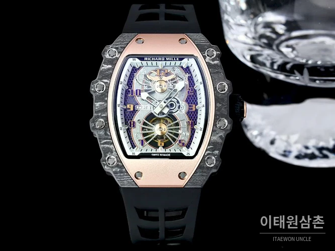 리차드밀 RM21-01 카본파이버 스켈레톤 오토매틱 50mm 블랙 블랙 러버 스트랩 로즈골드 베젤