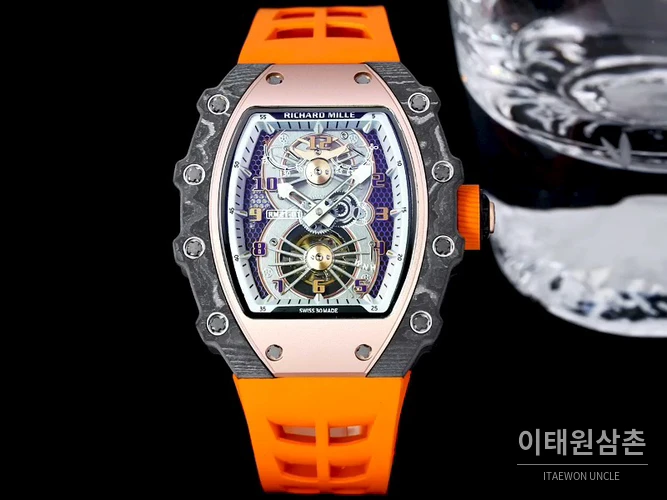 리차드밀 RM21-01 카본파이버 스켈레톤 오토매틱 50mm 블랙 오렌지 러버 스트랩
