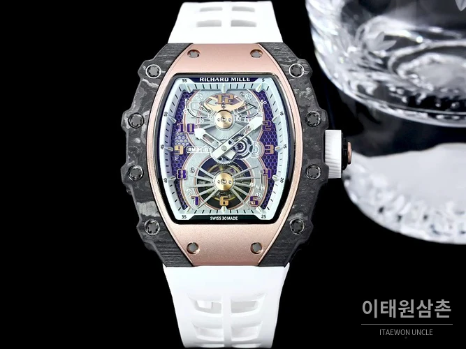 리차드밀 RM21-01 카본파이버 스켈레톤 오토매틱 50mm 블랙 화이트 러버 스트랩 로즈골드 베젤