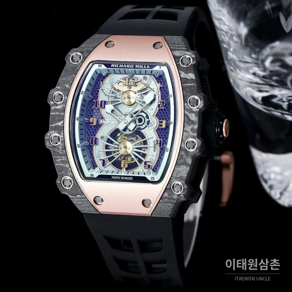 리차드밀 RM21-01 카본파이버 스켈레톤 오토매틱 50mm 블랙 블랙 러버 스트랩 로즈골드 베젤