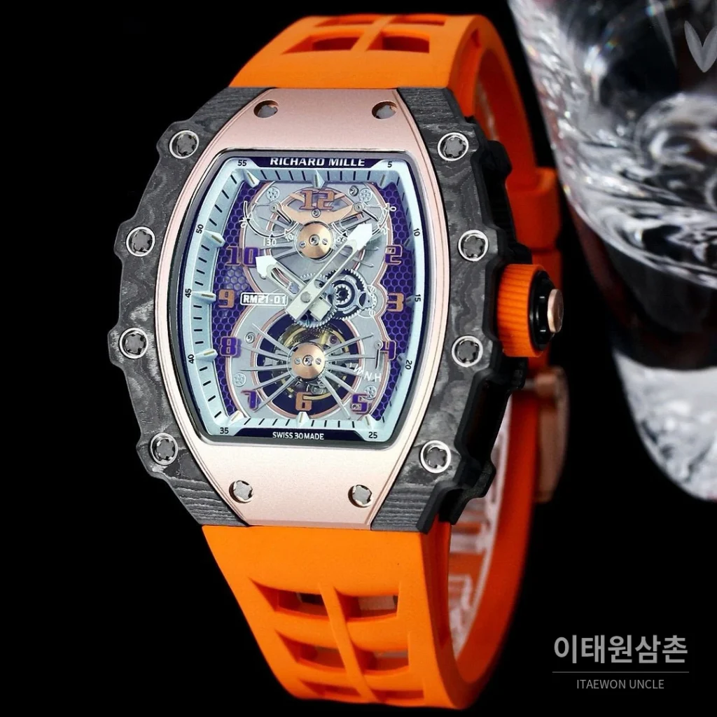 리차드밀 RM21-01 카본파이버 스켈레톤 오토매틱 50mm 블랙 오렌지 러버 스트랩