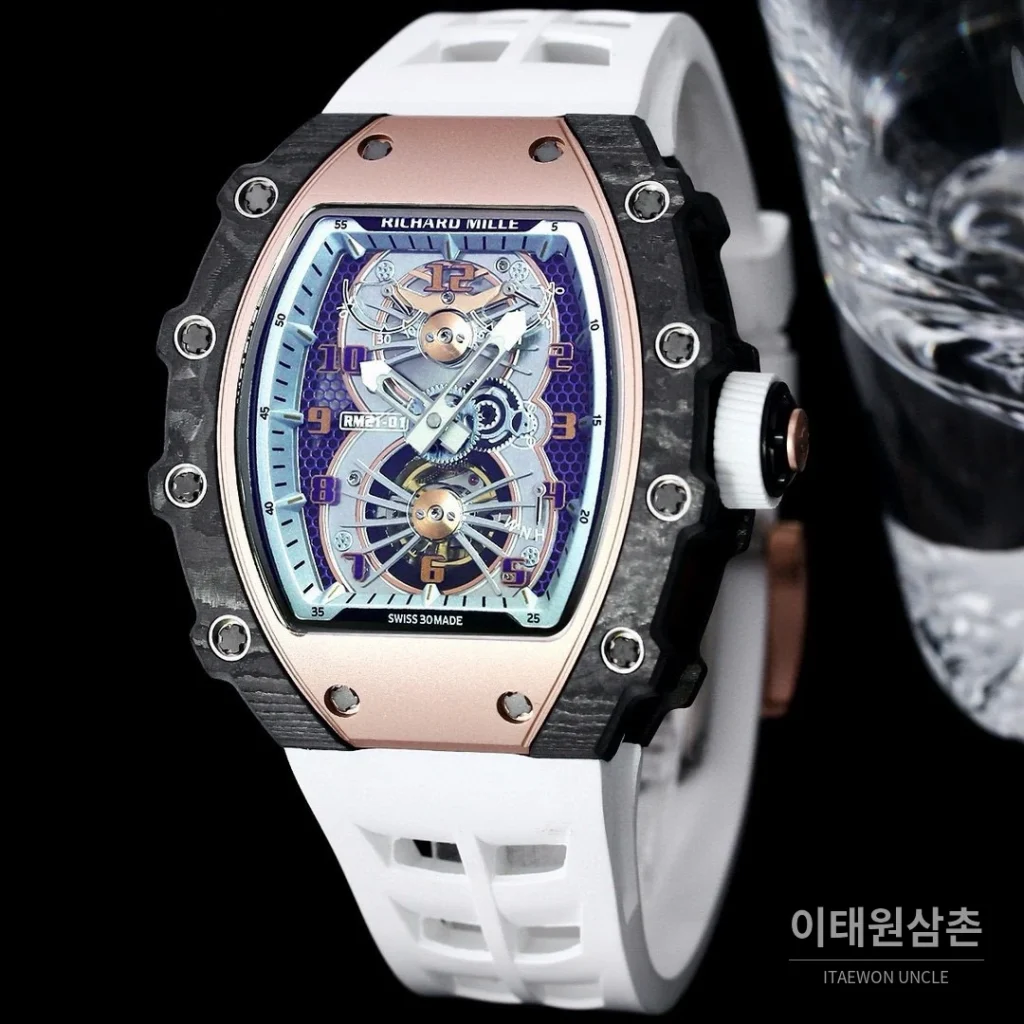 리차드밀 RM21-01 카본파이버 스켈레톤 오토매틱 50mm 블랙 화이트 러버 스트랩 로즈골드 베젤