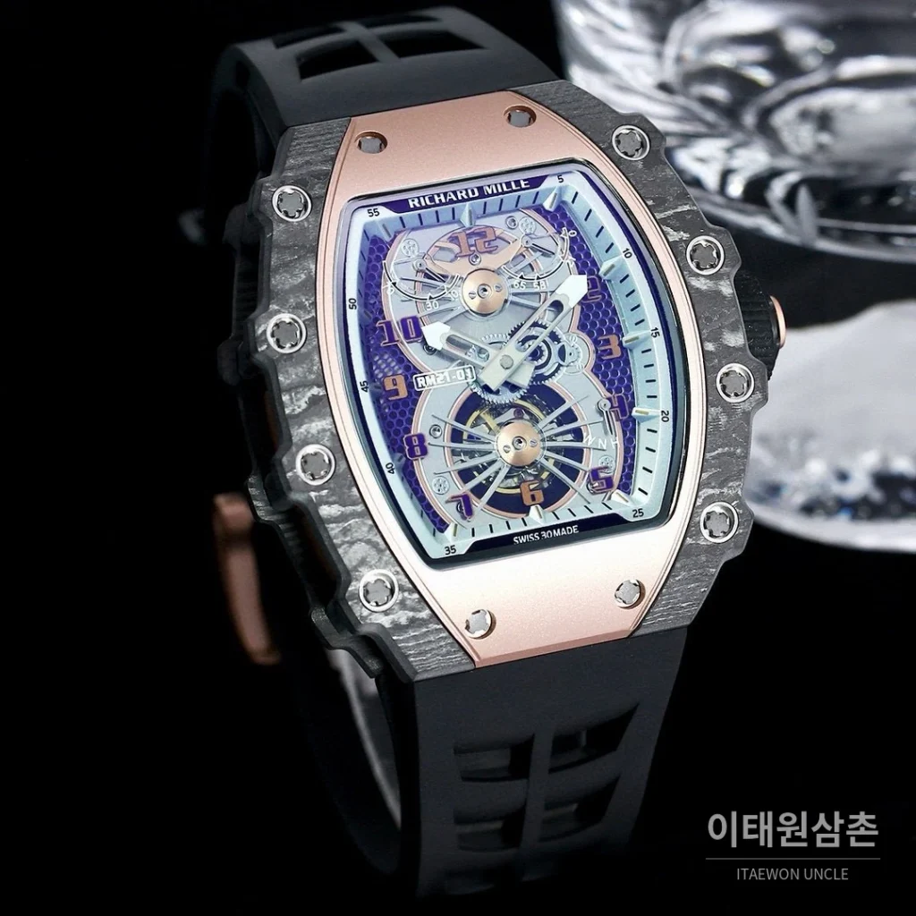 리차드밀 RM21-01 카본파이버 스켈레톤 오토매틱 50mm 블랙 블랙 러버 스트랩 로즈골드 베젤