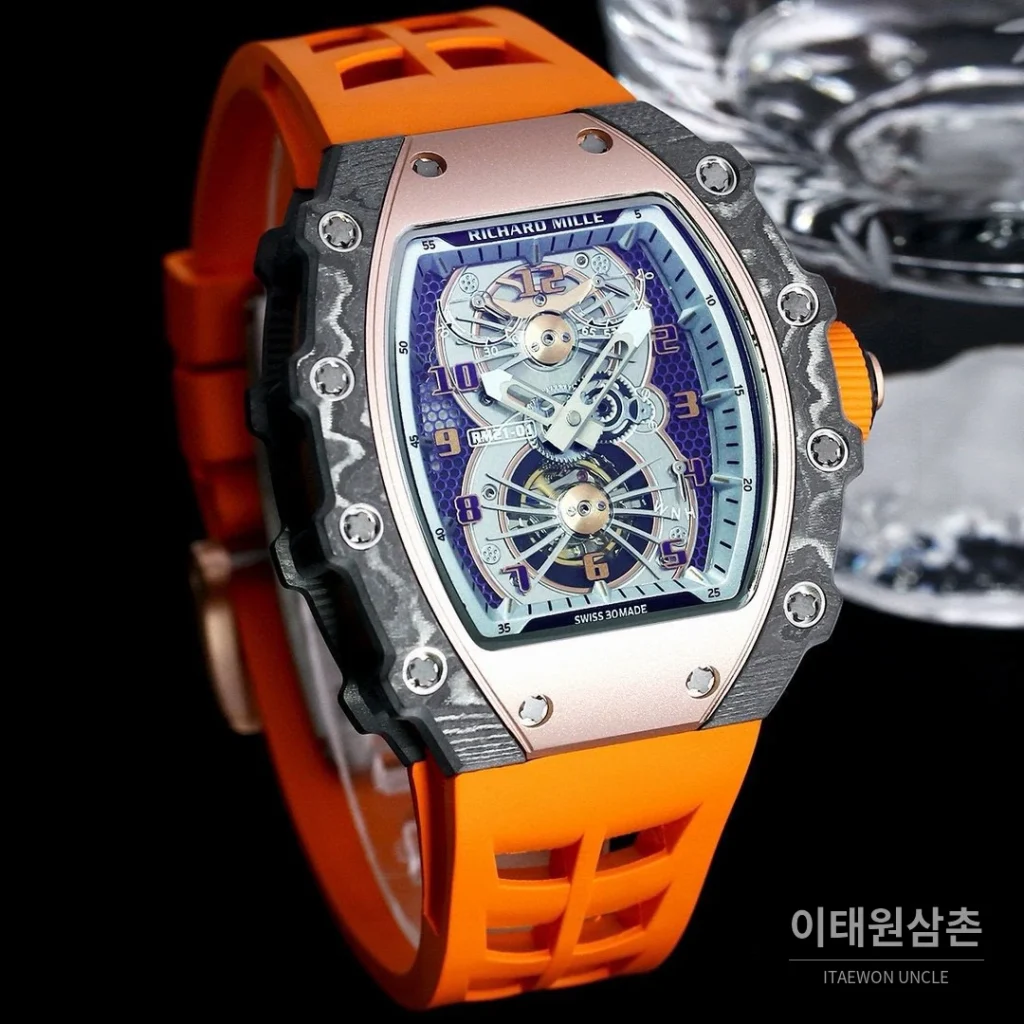 리차드밀 RM21-01 카본파이버 스켈레톤 오토매틱 50mm 블랙 오렌지 러버 스트랩
