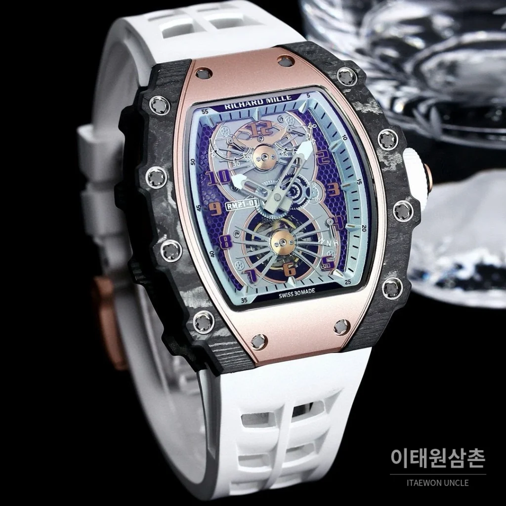 리차드밀 RM21-01 카본파이버 스켈레톤 오토매틱 50mm 블랙 화이트 러버 스트랩 로즈골드 베젤