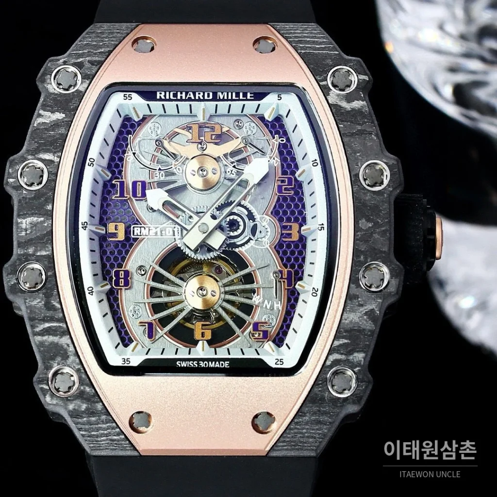 리차드밀 RM21-01 카본파이버 스켈레톤 오토매틱 50mm 블랙 블랙 러버 스트랩 로즈골드 베젤