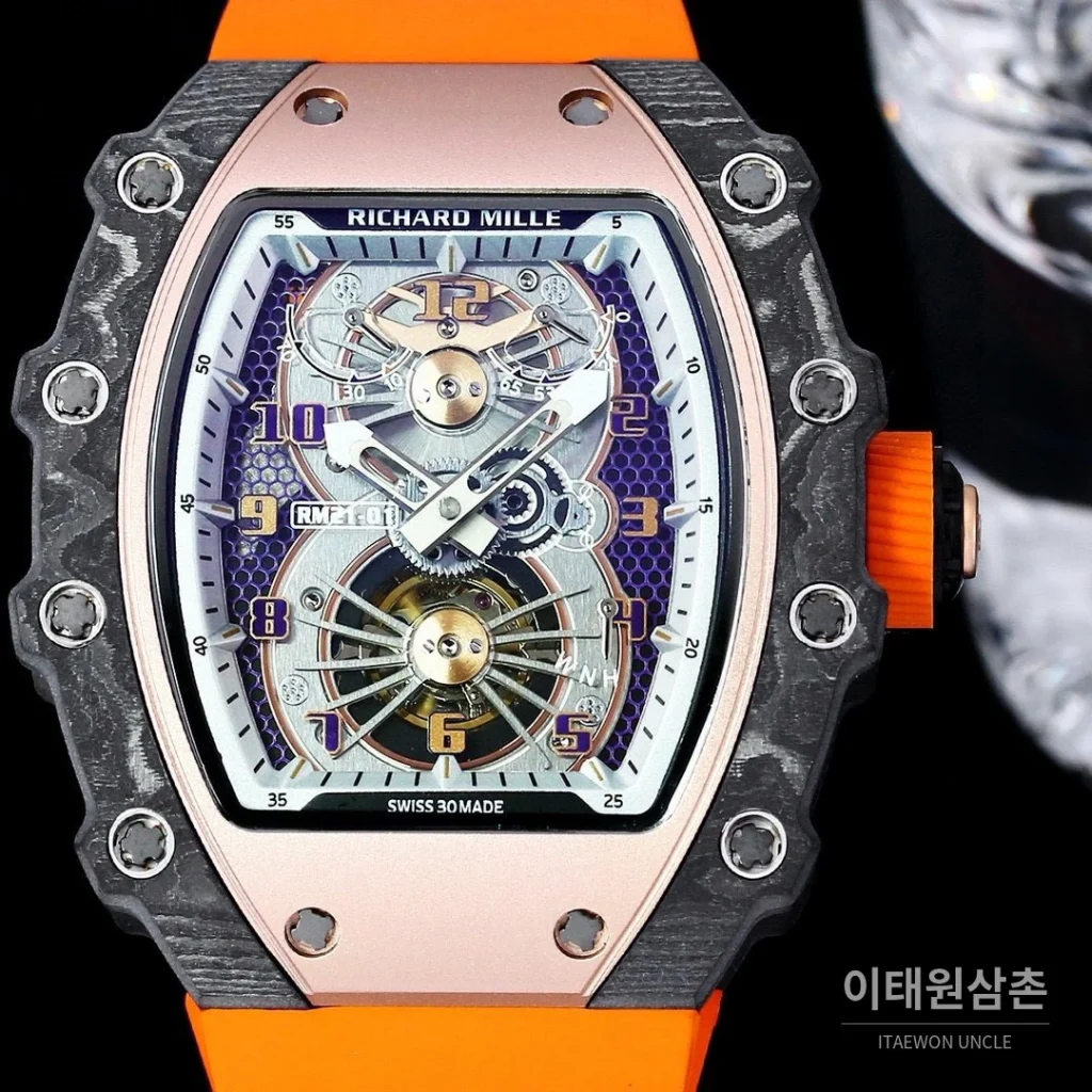 리차드밀 RM21-01 카본파이버 스켈레톤 오토매틱 50mm 블랙 오렌지 러버 스트랩