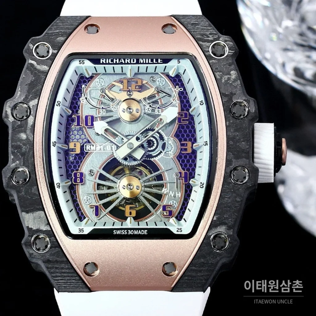 리차드밀 RM21-01 카본파이버 스켈레톤 오토매틱 50mm 블랙 화이트 러버 스트랩 로즈골드 베젤