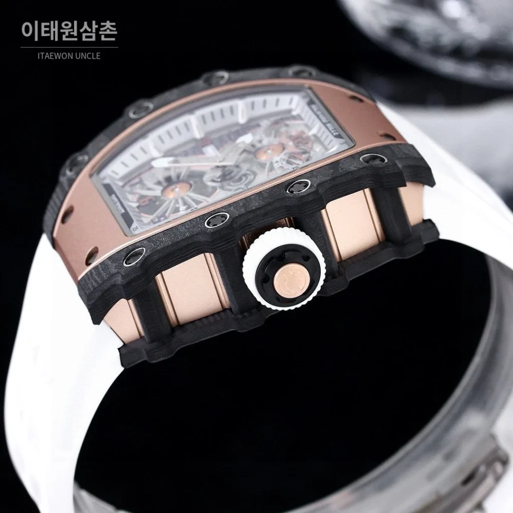 리차드밀 RM21-01 카본파이버 스켈레톤 오토매틱 50mm 블랙 화이트 러버 스트랩 로즈골드 베젤