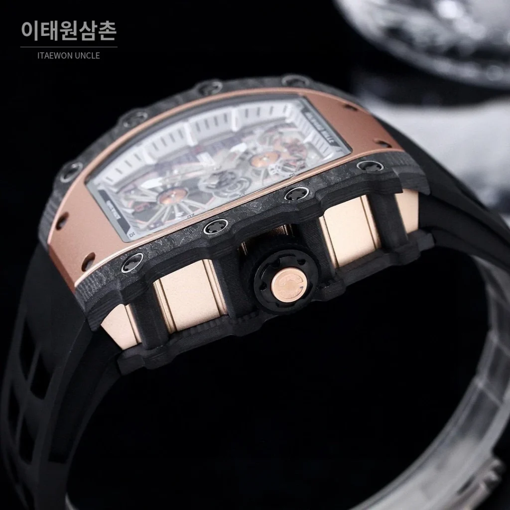 리차드밀 RM21-01 카본파이버 스켈레톤 오토매틱 50mm 블랙 블랙 러버 스트랩 로즈골드 베젤