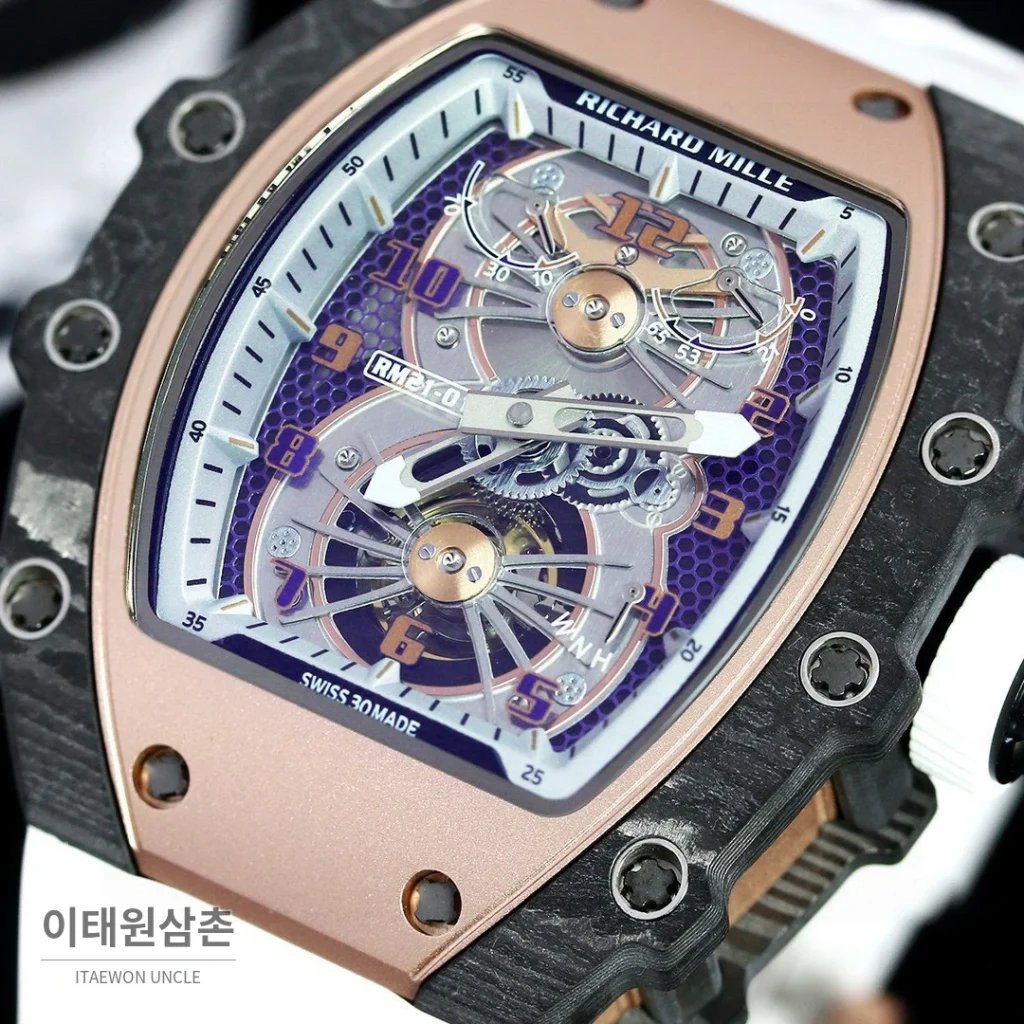 리차드밀 RM21-01 카본파이버 스켈레톤 오토매틱 50mm 블랙 화이트 러버 스트랩 로즈골드 베젤