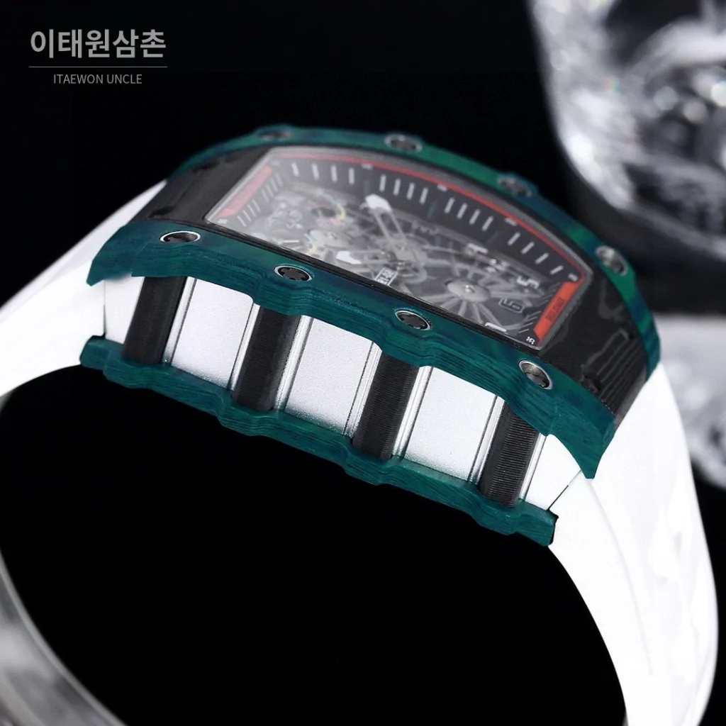 리차드밀 RM21-01 카본파이버 스켈레톤 오토매틱 50mm 블랙 화이트 러버 스트랩 그린 베젤