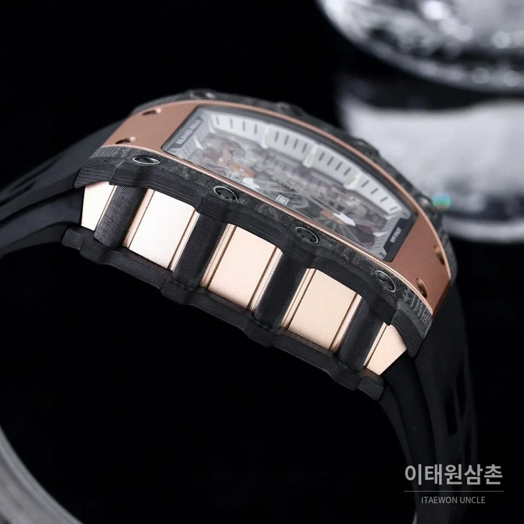 리차드밀 RM21-01 카본파이버 스켈레톤 오토매틱 50mm 블랙 블랙 러버 스트랩 로즈골드 베젤