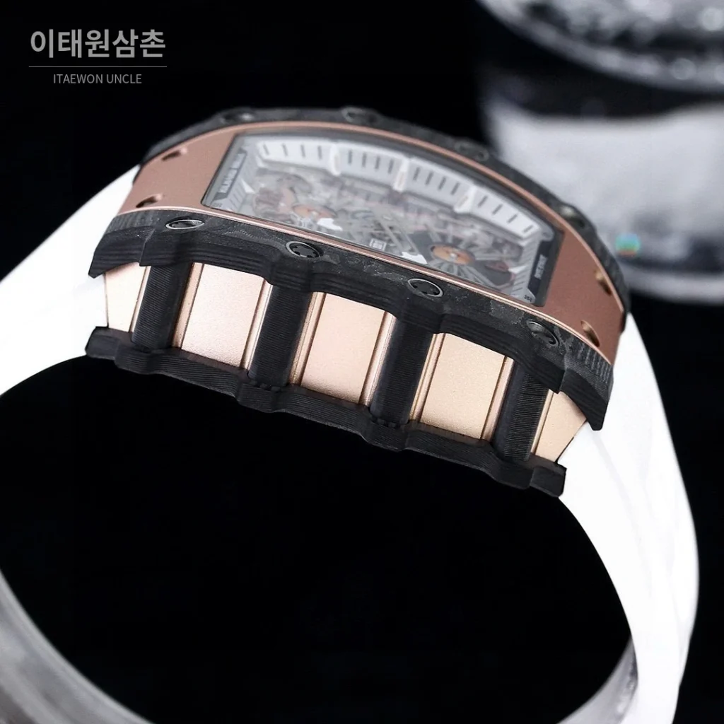 리차드밀 RM21-01 카본파이버 스켈레톤 오토매틱 50mm 블랙 화이트 러버 스트랩 로즈골드 베젤