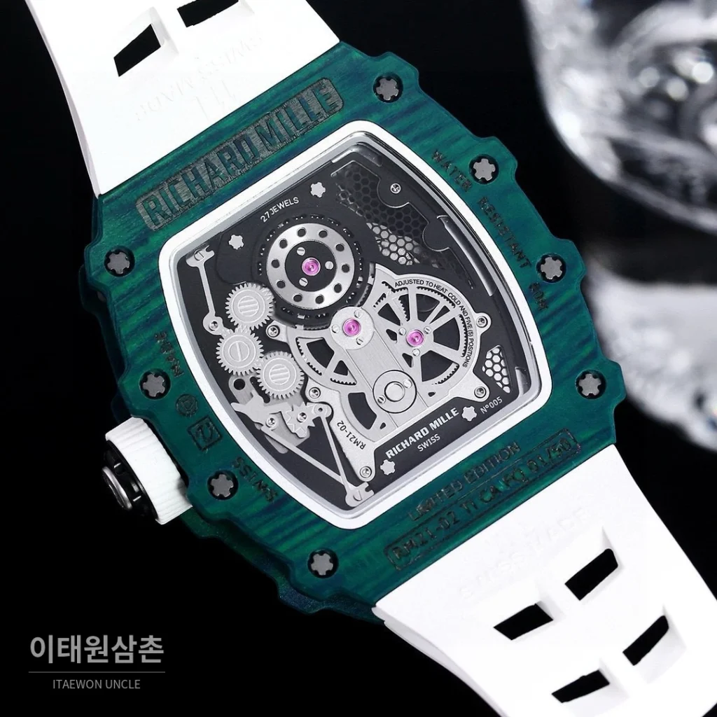 리차드밀 RM21-01 카본파이버 스켈레톤 오토매틱 50mm 블랙 화이트 러버 스트랩 그린 베젤